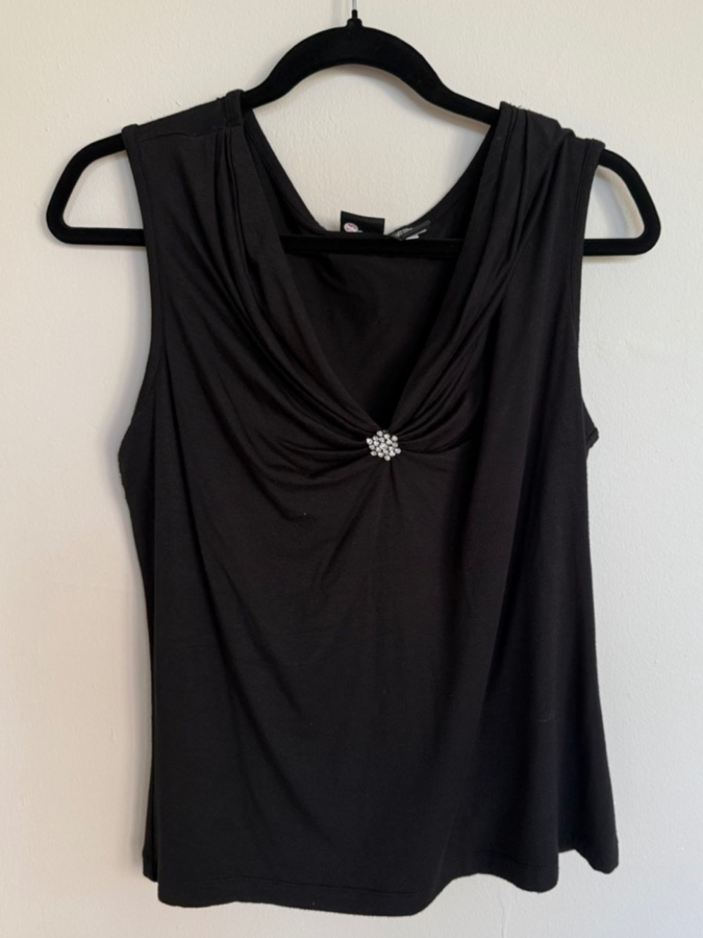 Mossimo Black Draped Jersey Top | Removable Flower Pin | Size M-L